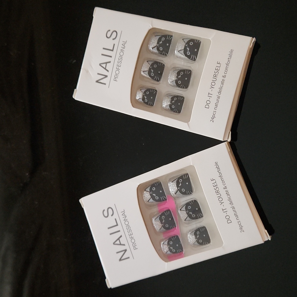 2 SETS KittyCat Black&Silver Glitter Design Do-It-Yourself Artificial Fake Nails